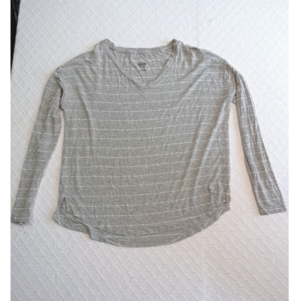 Mossimo Supply Co Womens Grey White Striped V-Neck Long Sleeve Top Size M